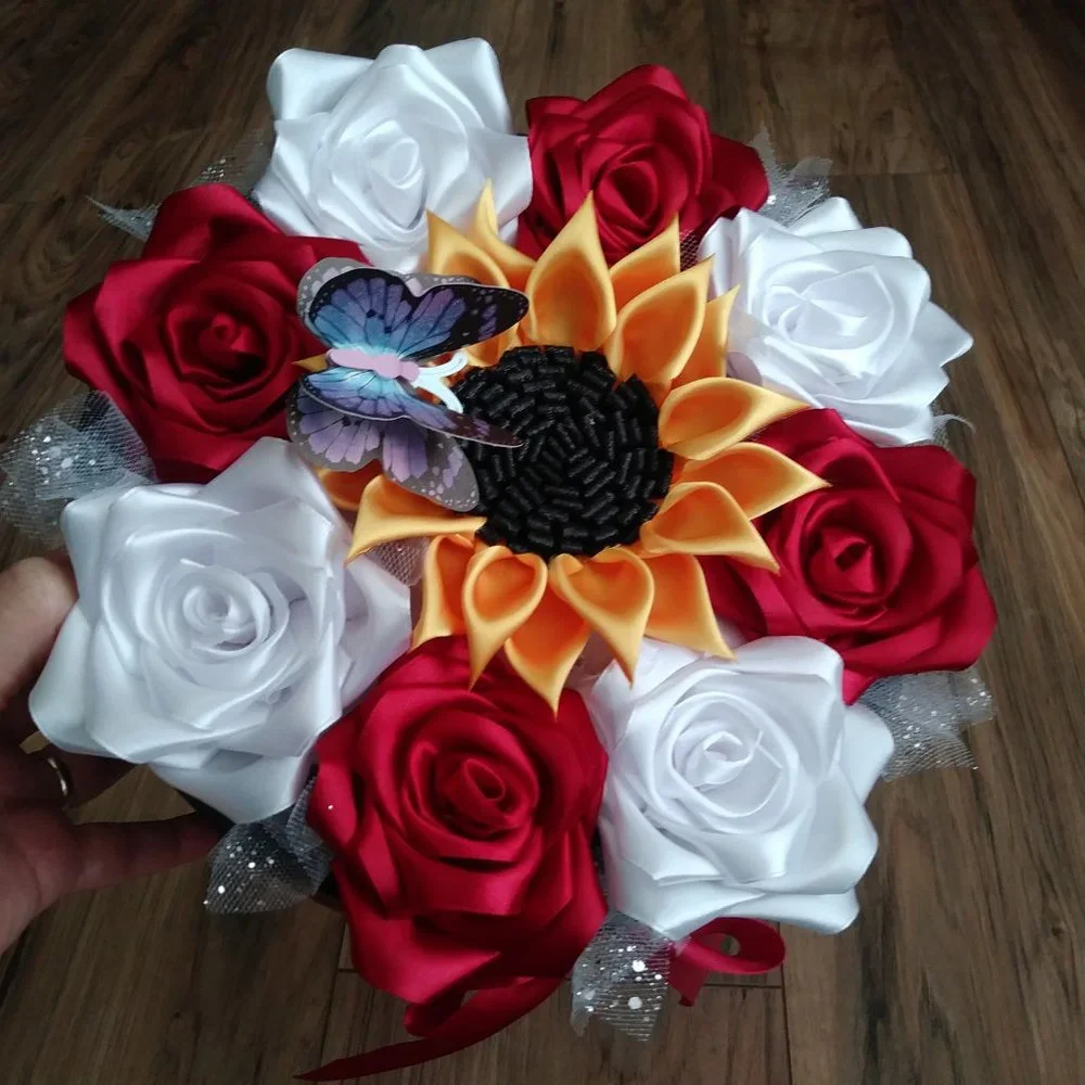 Satin Ribbon Eternity Roses Handmade Rose Box Floral Arrangement (Round BlackBox
